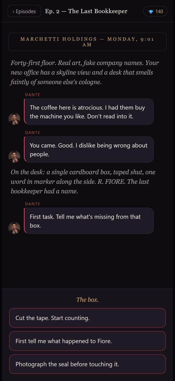 A turning point in Omerta: Dante asks what's missing from the box, above three replies you could send