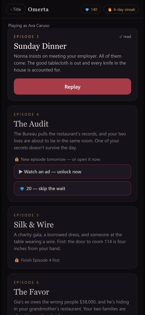 Omerta's episode list: Sunday Dinner already read, The Audit unlocking tomorrow — or now with an ad or twenty gems